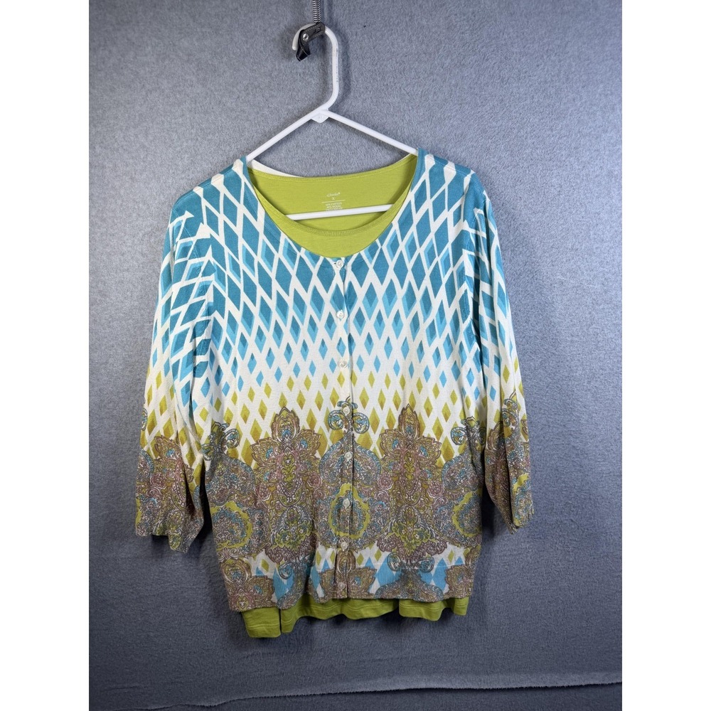 CJ Banks Cardigan Sweater T-Shirt Set Womens X Green Paisley Boho Knit 2 Piece‎